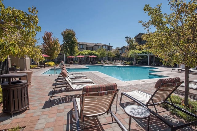 Swimming pool with lounge chairs and umbrellas