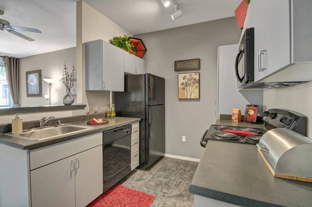 Modern kitchen with stainless steel sink, black dishwasher, black refrigerator, and black stove.