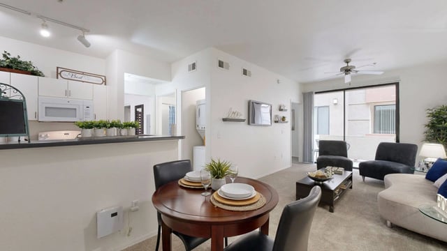 Living room and kitchen area of an apartment