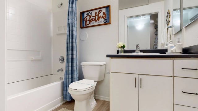 Bathroom with bathtub, toilet, and vanity with sink.