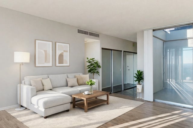Modern living room with sectional sofa, coffee table, and large windows.