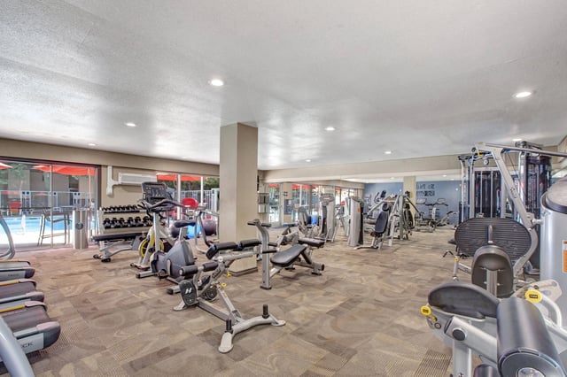Spacious fitness center with treadmills, weight machines, and free weights.