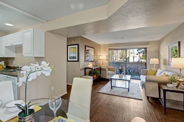 Living room and kitchen area in an apartment
