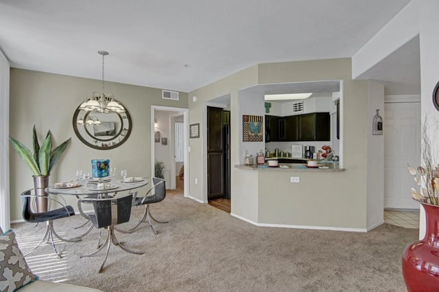 Dining area and kitchen in apartment