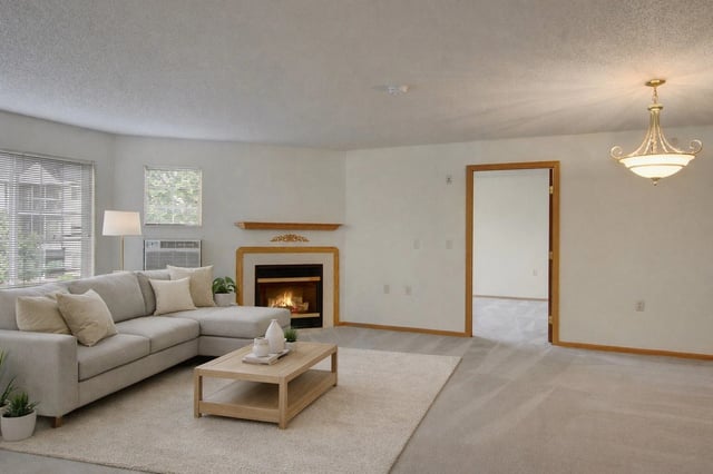 Cozy living room with a fireplace and a sectional sofa.