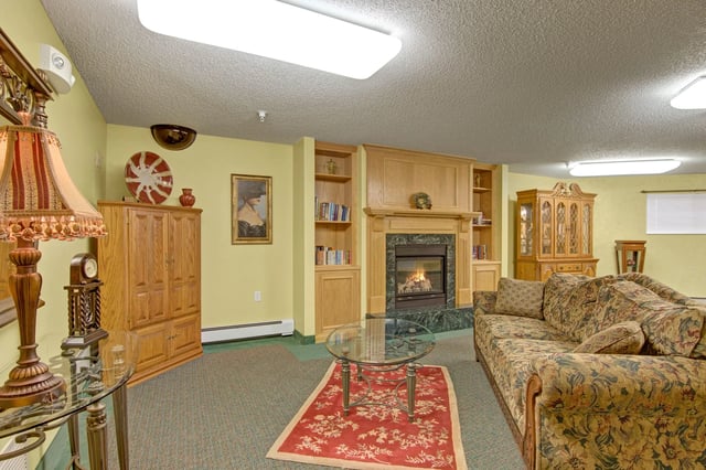 Lounge area with a fireplace, sofa, and coffee table.