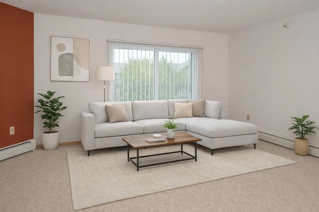 Living room with a sectional sofa, coffee table, and large window.