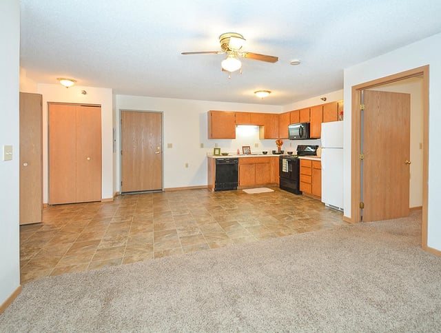 Kitchen and living area with carpet and wood laminate flooring.