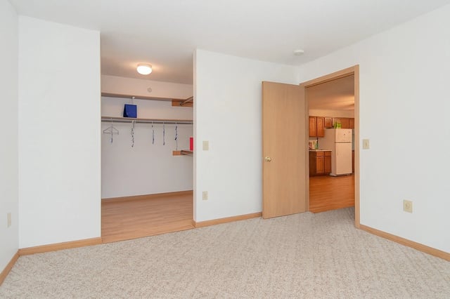 Bedroom with closet and kitchen view