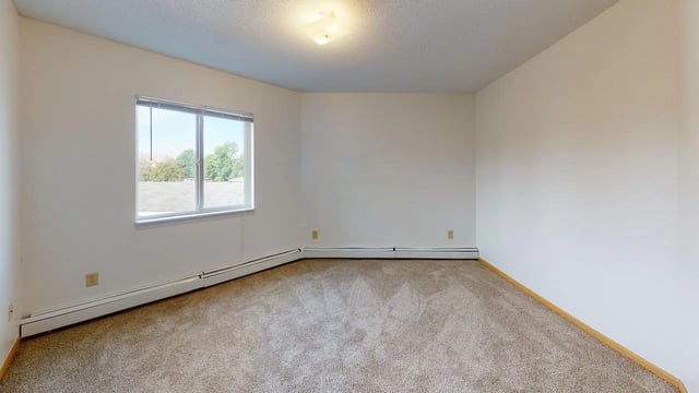 Empty apartment room with beige carpet and a large window.