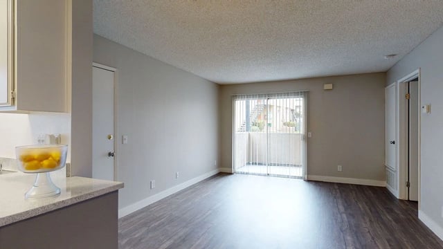 Living room and kitchen area of an apartment with a sliding glass door leading to a balcony.