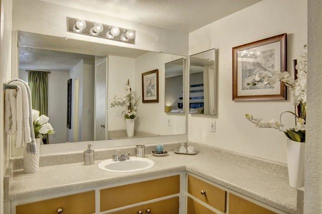Bathroom vanity with sink, mirror, and towels