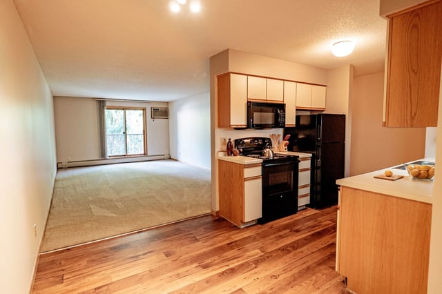Kitchen and living room area with wood flooring and carpet.