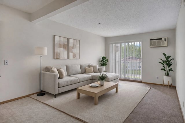Living room with sectional sofa, coffee table, floor lamp, and air conditioner.