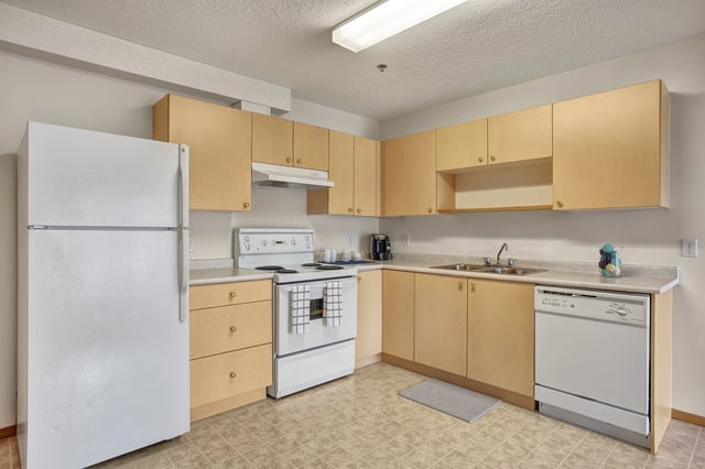Kitchen with white refrigerator, white stove, light wood cabinets, and a double sink.