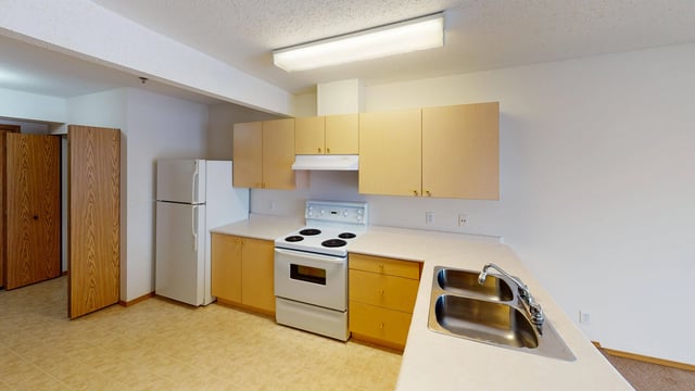 Kitchen with white appliances, light wood cabinets, and a double sink.