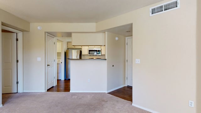 View of an apartment interior showing a living area, kitchen, and laundry closet.