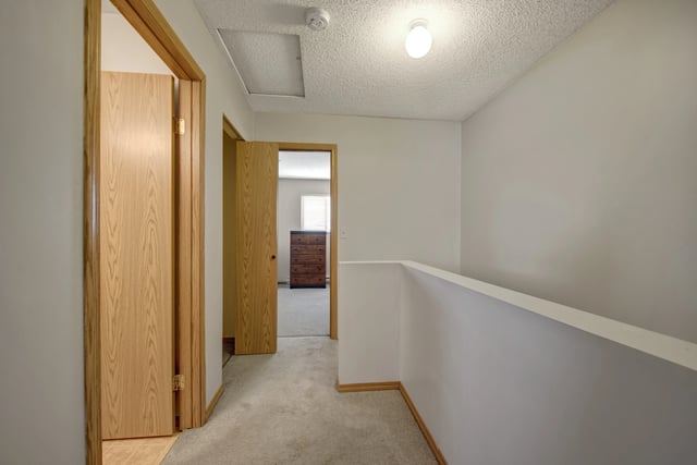 Hallway with two interior doors and a railing.