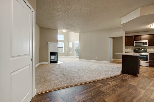 Living room with fireplace and kitchen area in apartment.