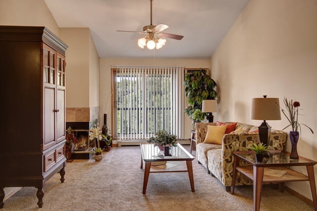 Living room with fireplace, sofa, coffee table, and decorative cabinet.