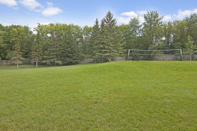 Grassy area with a volleyball net and fence.