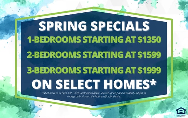 Spring specials on 1, 2, and 3-bedroom homes with pricing starting at $1350, $1599, and $1999 respectively. Equal Housing Opportunity logo.
