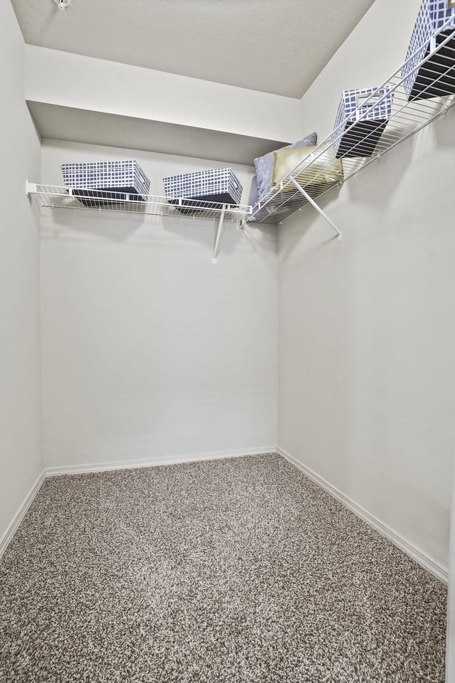 Empty walk-in closet with wire shelving and storage bins.