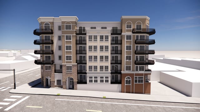 Exterior view of a modern apartment building with balconies and arched windows.