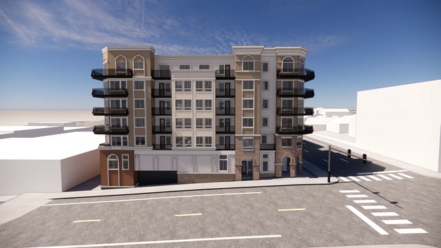 Exterior rendering of a multi-story apartment building with balconies and arched ground floor entrances.