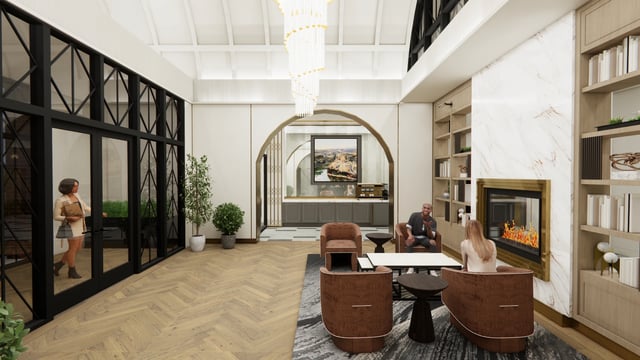 Modern lounge area with a fireplace, seating, and a bar.