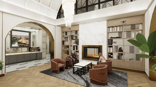 Lounge area with fireplace and seating.