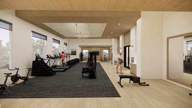Gym with treadmills, ellipticals, weight machines, and free weights.