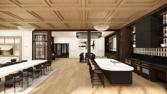 Modern communal kitchen and dining area with island, bar stools, and large dining table.