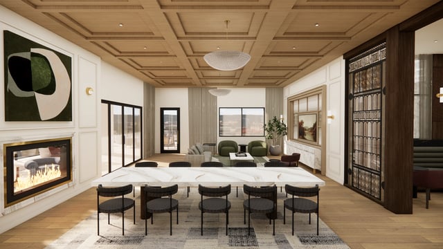 Modern community lounge with fireplace, dining table, and seating area.