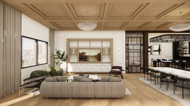 Modern living room with plush seating, contemporary coffee table, and decorative wall paneling.