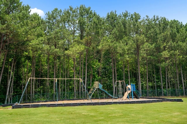 Playground with swings and slides set against a backdrop of tall pine trees.