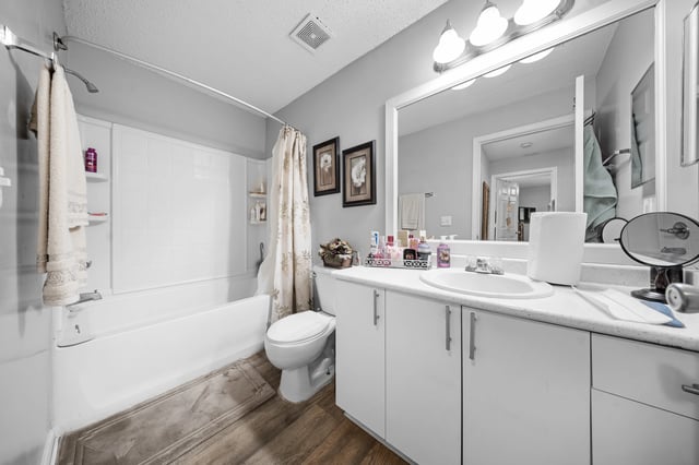 Modern apartment bathroom with white bathtub, toilet, and vanity with sink and mirror at Ashton Pointe apartments in Monroe, GA.