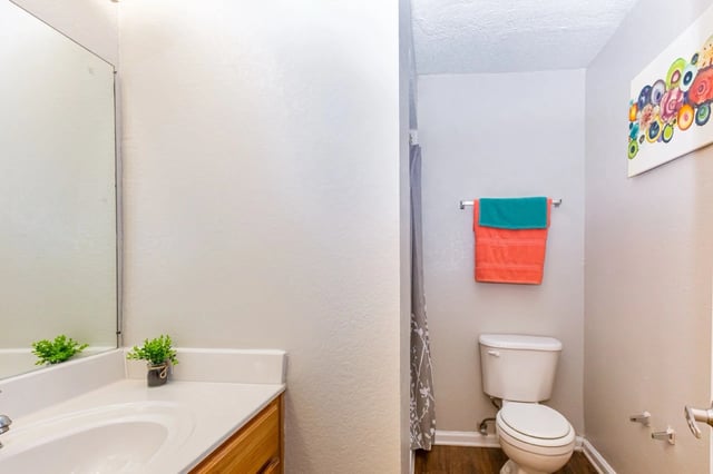 Bathroom with vanity, toilet, and shower.
