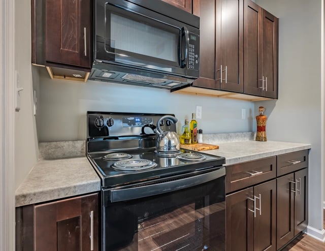 Kitchen stove and dark wood cabinets
