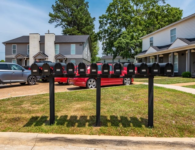 Mailboxes in front of apartment buildings