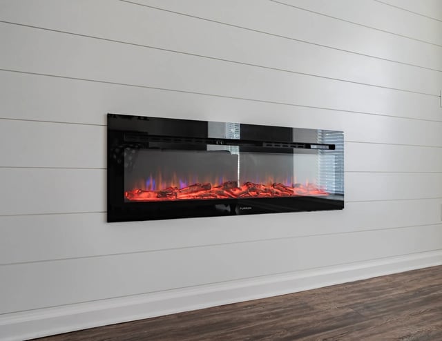 Modern electric fireplace with realistic flame effect mounted on a shiplap wall.