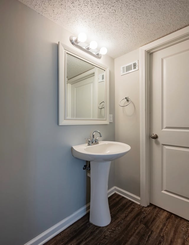 Bathroom with pedestal sink and mirror