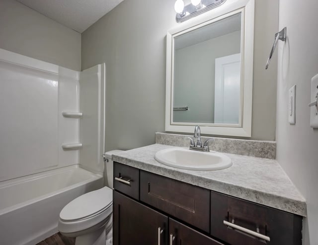 Modern bathroom with a vanity, sink, toilet, and bathtub.
