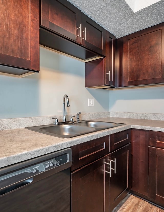 Kitchen with dark wood cabinets, double sink, faucet, and dishwasher.