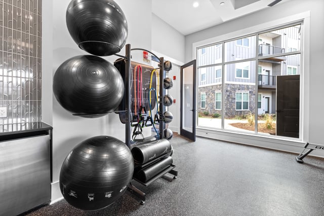 Fitness room with exercise balls and resistance bands, overlooking the exterior.