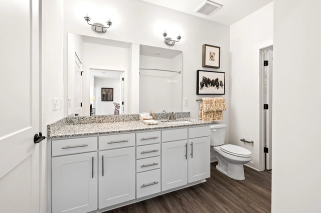 Double vanity with granite countertop and white cabinetry.