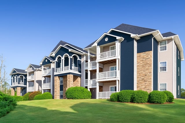 Exterior of apartment buildings with blue and beige siding and balconies under a clear blue sky.
