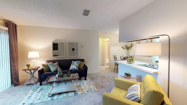 Living room and kitchen area in an apartment.
