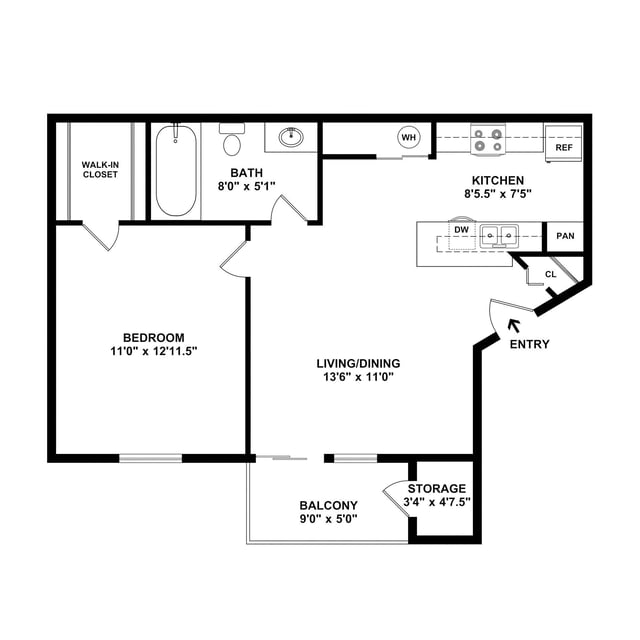 1-bedroom, 1-bathroom floor plan with living/dining area, kitchen, balcony, walk-in closet, and storage.