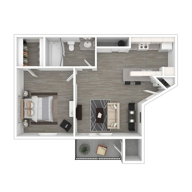 1-bedroom, 1-bathroom floor plan with balcony